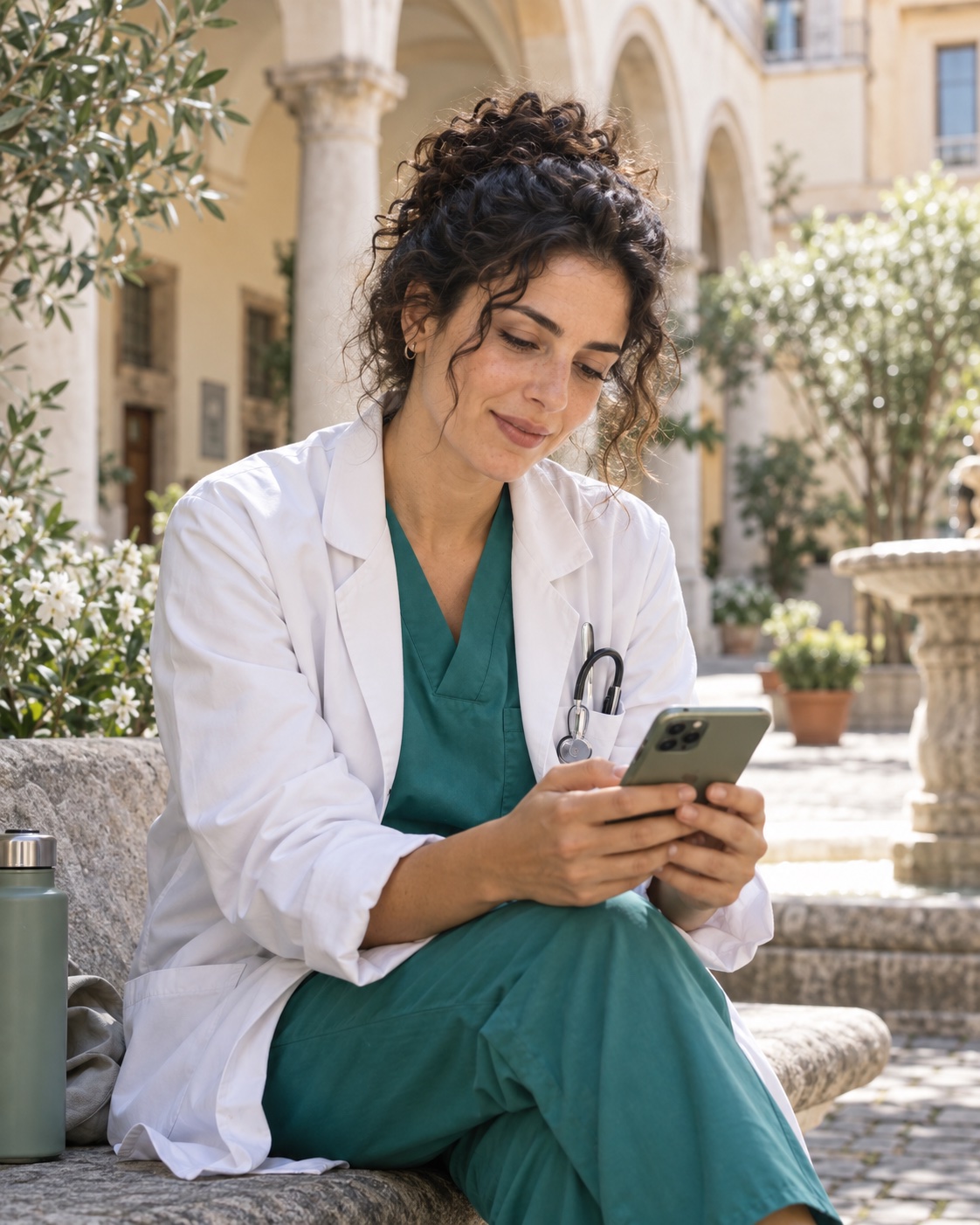 Una médica consulta su smartphone durante una pausa en un patio luminoso del hospital