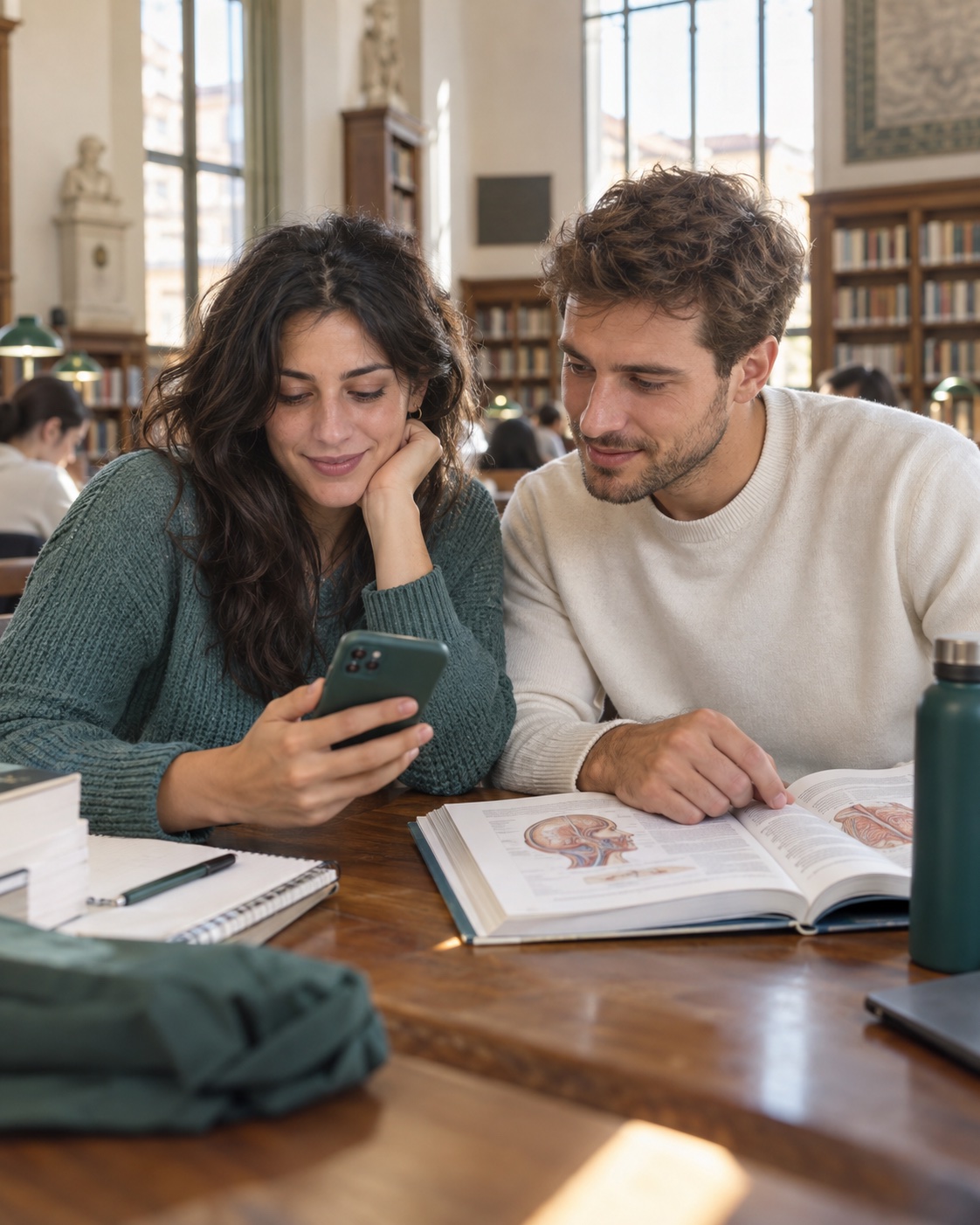 Dos estudiantes de medicina repasan juntos con un smartphone y un libro en una biblioteca luminosa